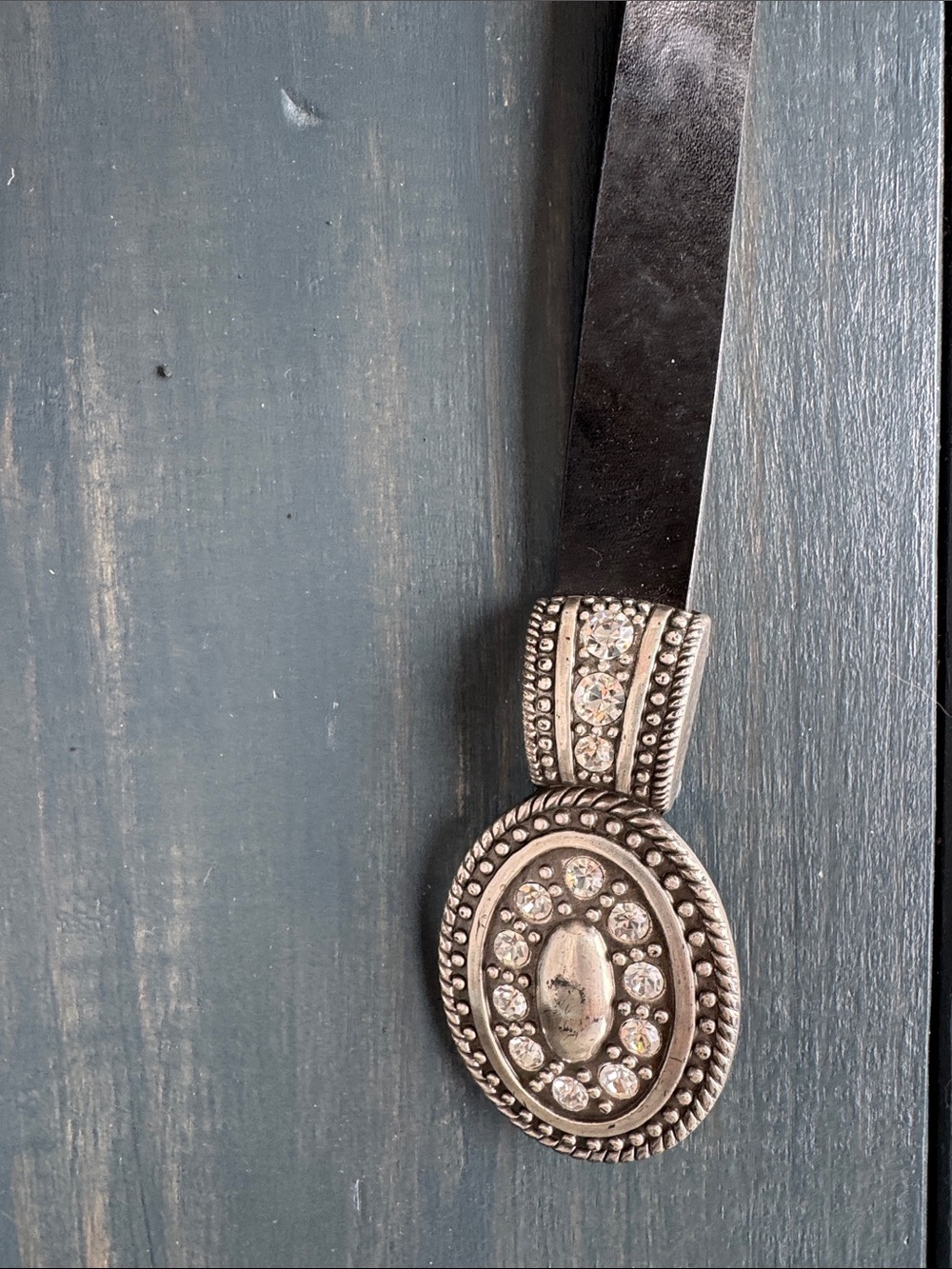 Chico's Black Leather Belt with Silver-Tone Crystal Oval Accent